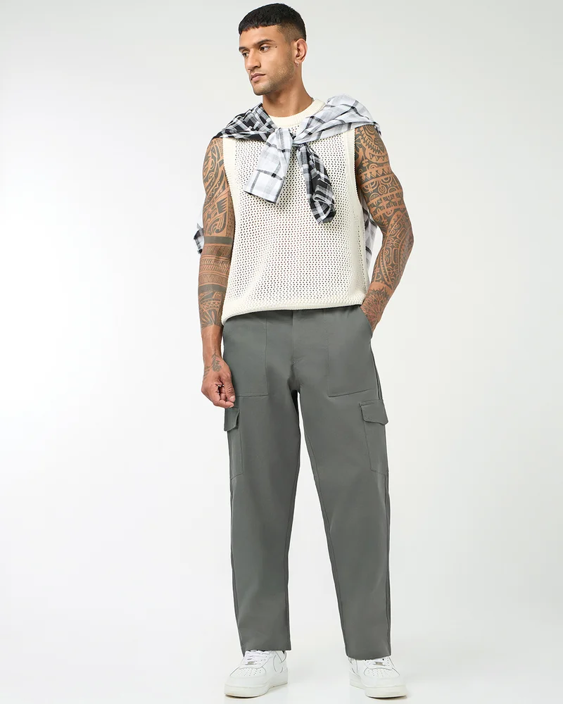 bewakoof  Men's Grey Straight Fit Cargo Pants  | Best Price UAE